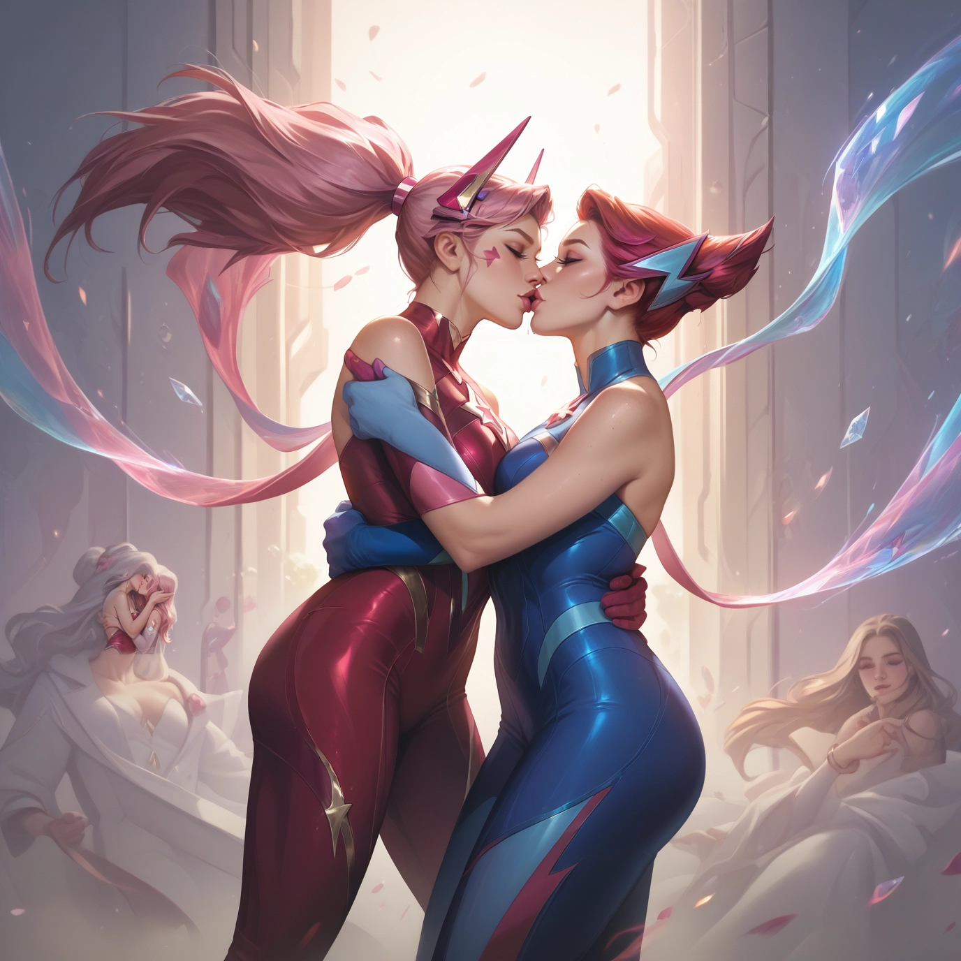 multiple girls, yuri, breasts, bodysuit, kiss, cleavage · Yamete.gg
