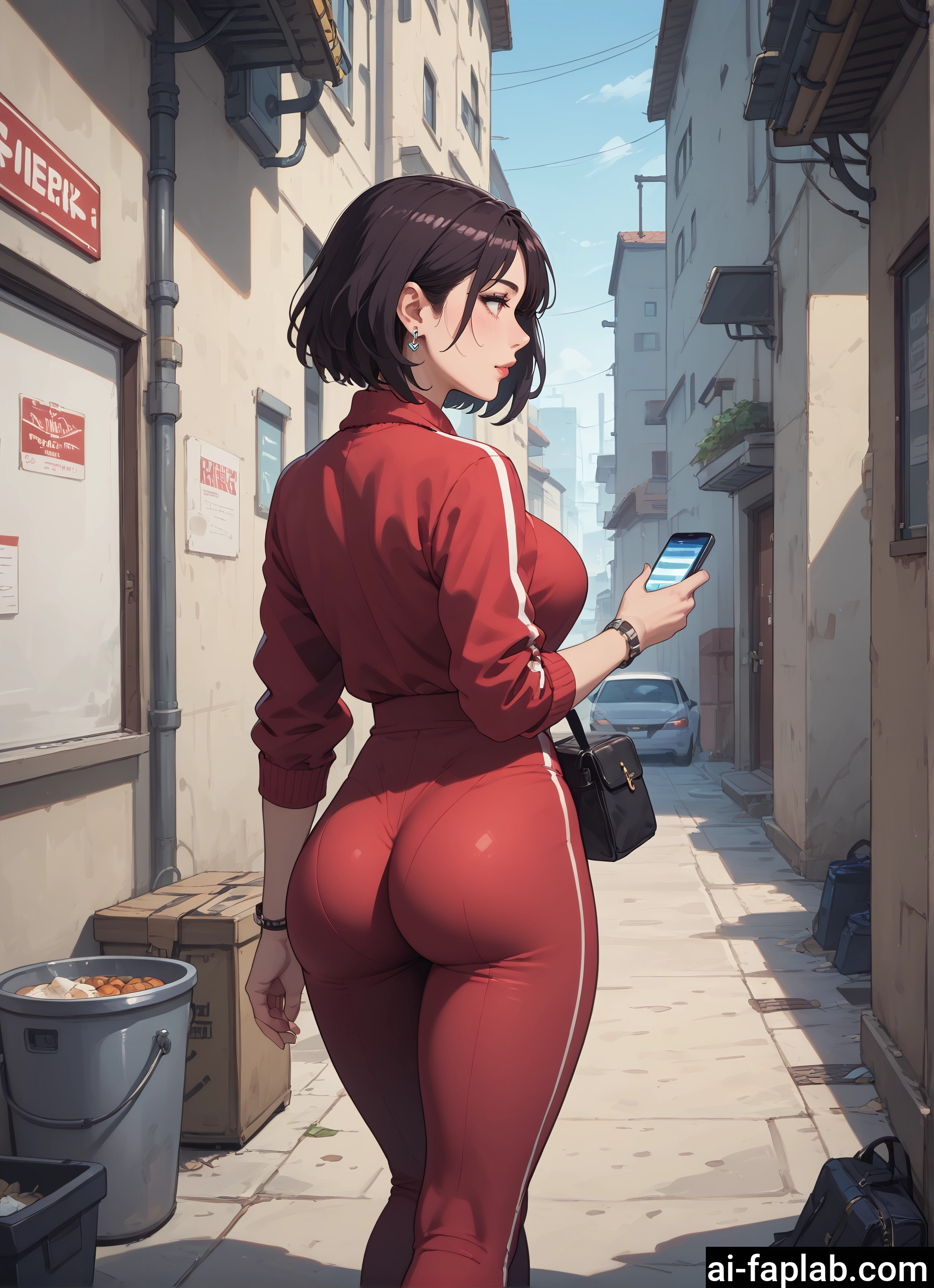 1girl, ass, phone, breasts, short hair, jewelry