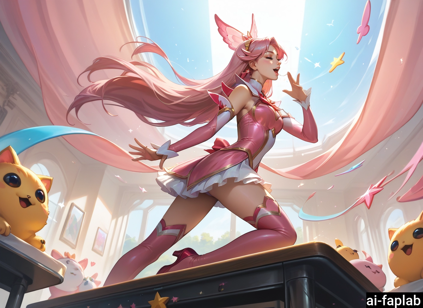 1girl, star guardian (league of legends), pink hair, thighhighs, long hair, detached sleeves · Yamete.gg