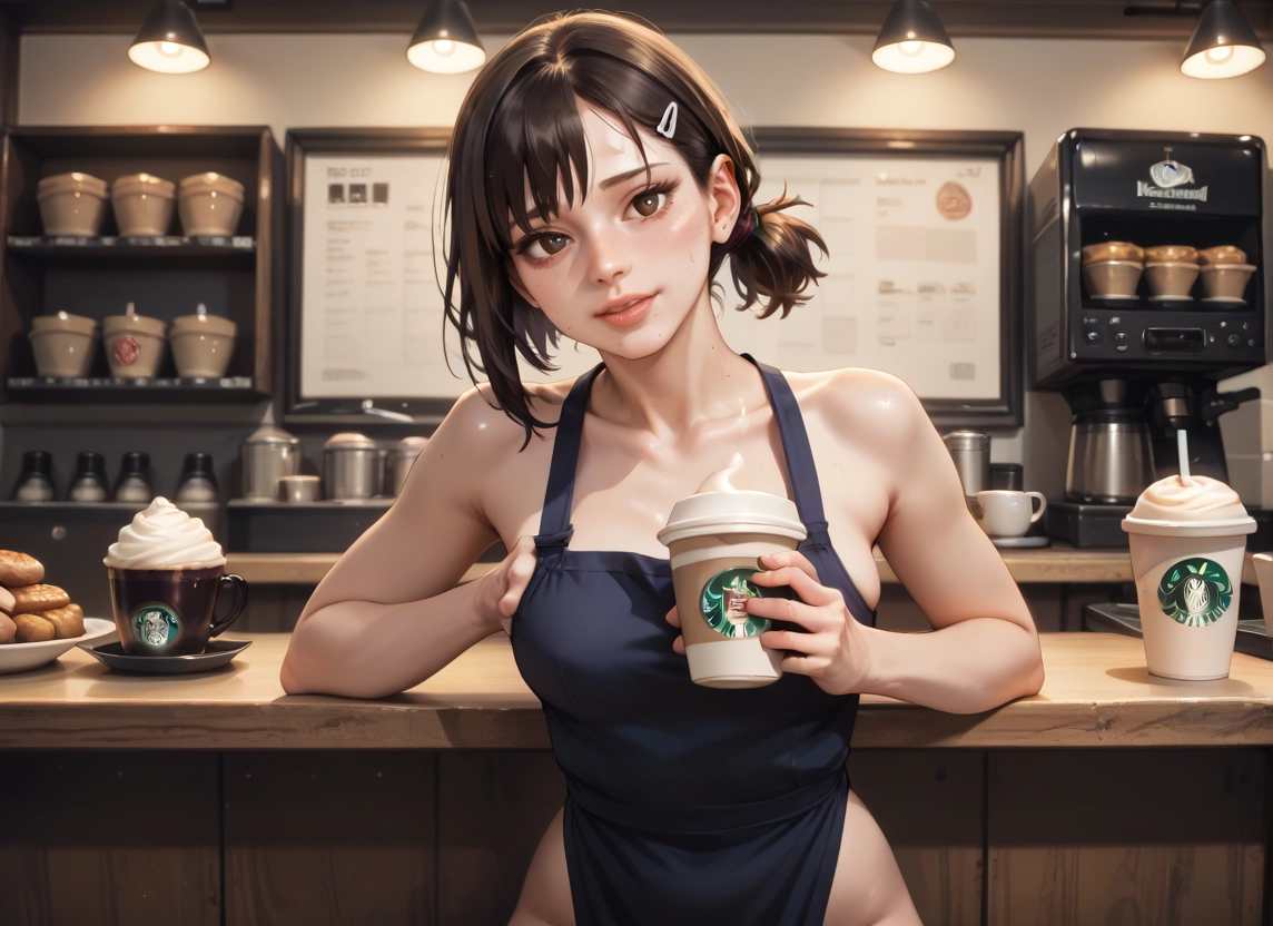 1girl, hair ornament, apron, higashiyama kobeni, cup, disposable cup · Yamete.gg