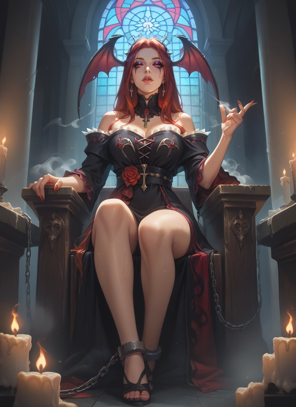 1girl, breasts, head wings, sitting, candle, red hair · Yamete.gg