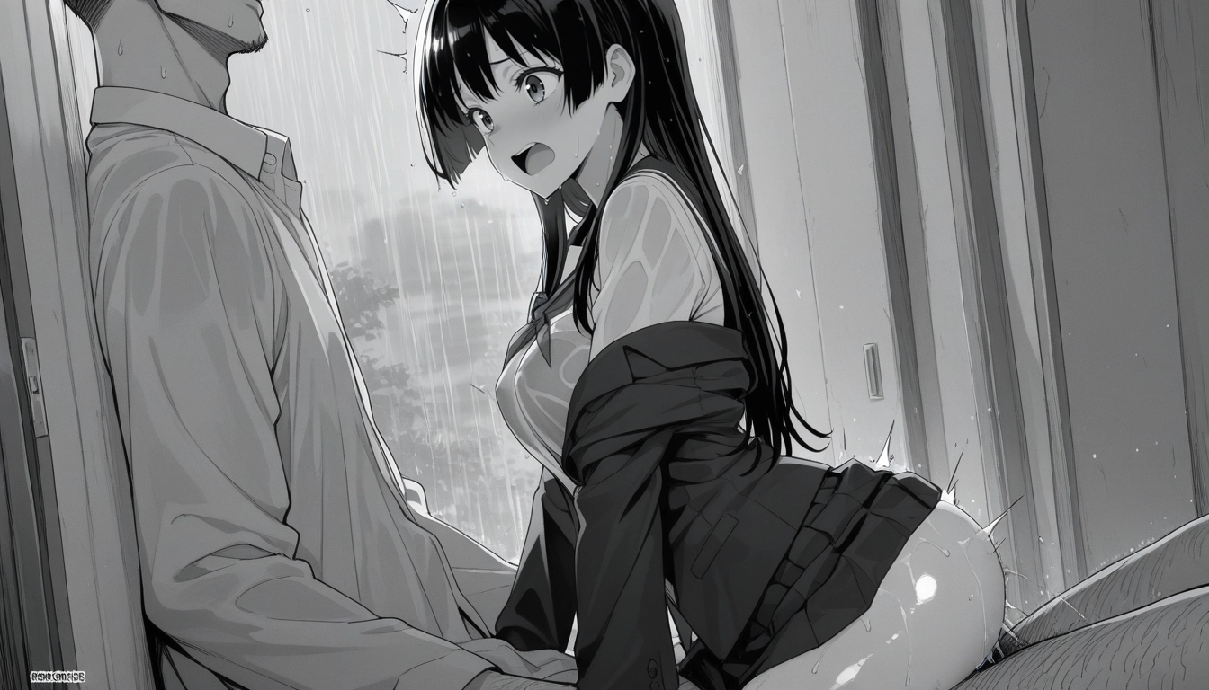 1girl, hetero, monochrome, 1boy, greyscale, rain