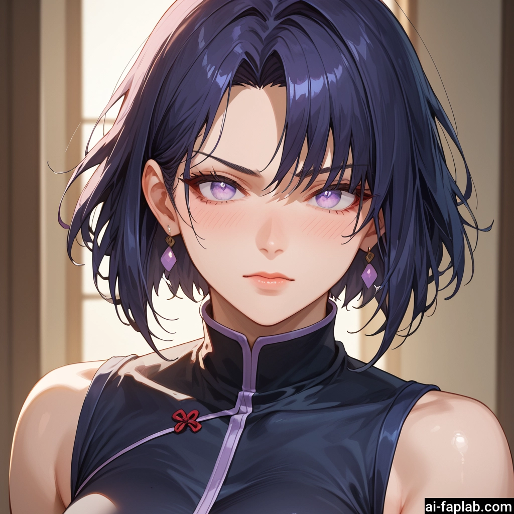 1girl, jewelry, earrings, solo, short hair, purple eyes