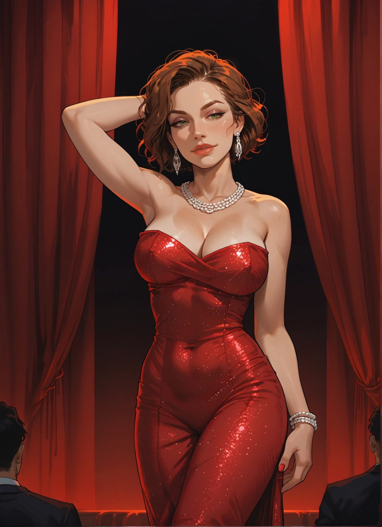 breasts, 1girl, dress, jewelry, green eyes, earrings · Yamete.gg