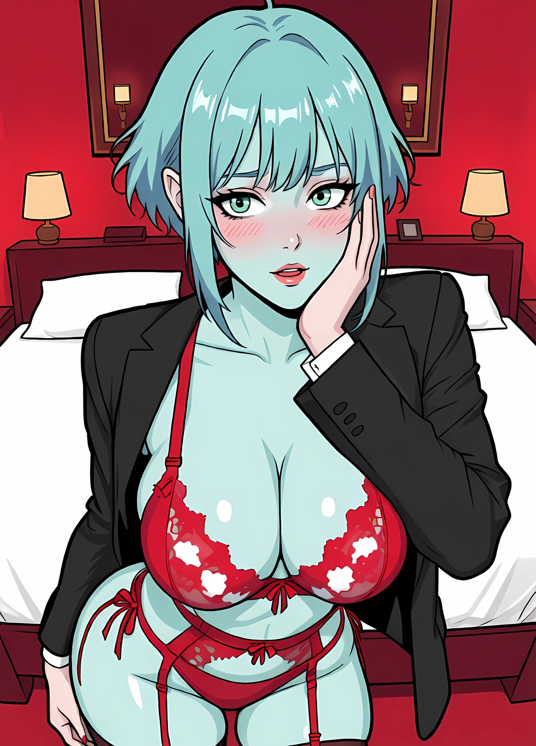 1girl, red panties, red bra, breasts, underwear, bra · Yamete.gg