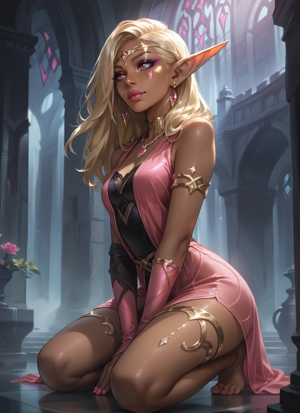1girl, pointy ears, solo, blonde hair, jewelry, dark skin · Yamete.gg