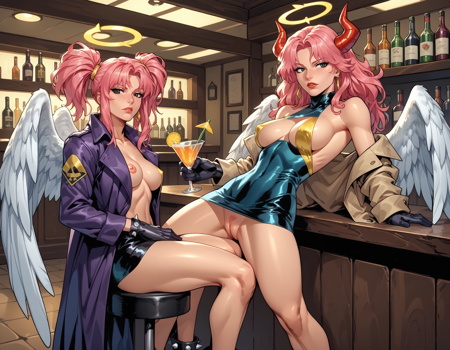 breasts, gloves, coat, black gloves, horns, wings · Yamete.gg