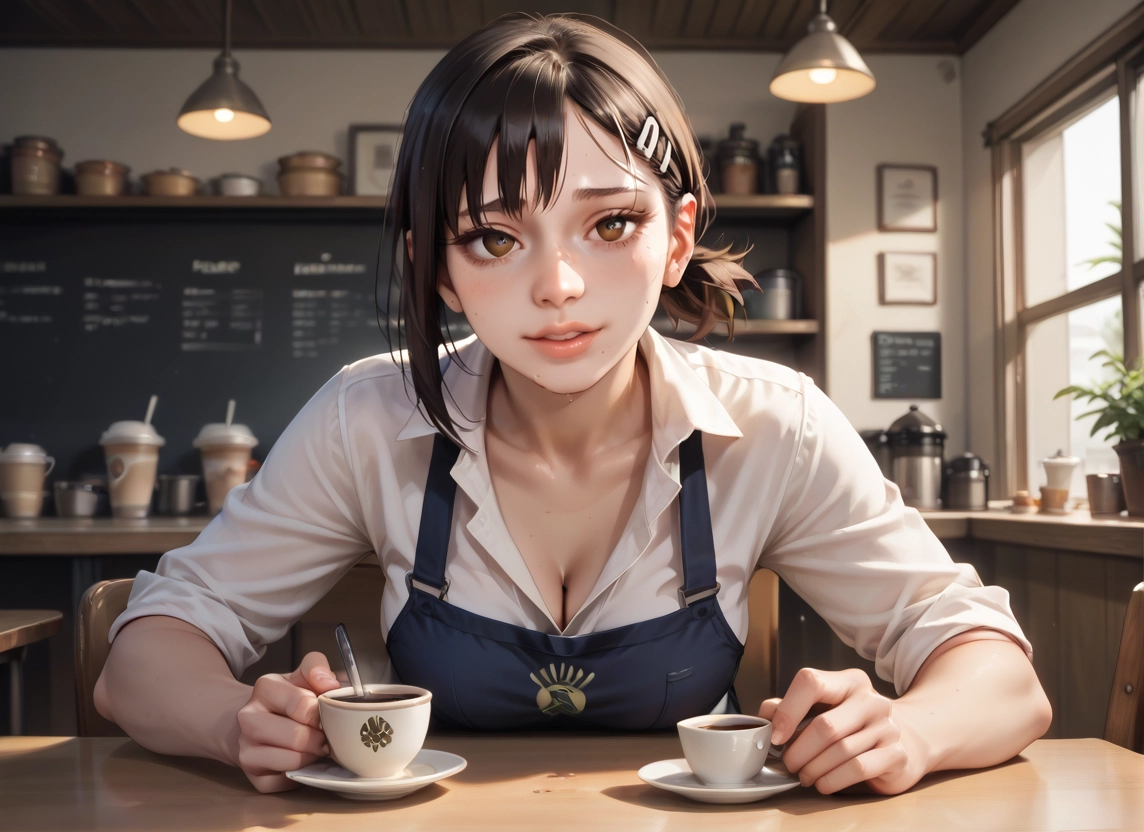 1girl, breasts, cup, hair ornament, higashiyama kobeni, cafe · Yamete.gg