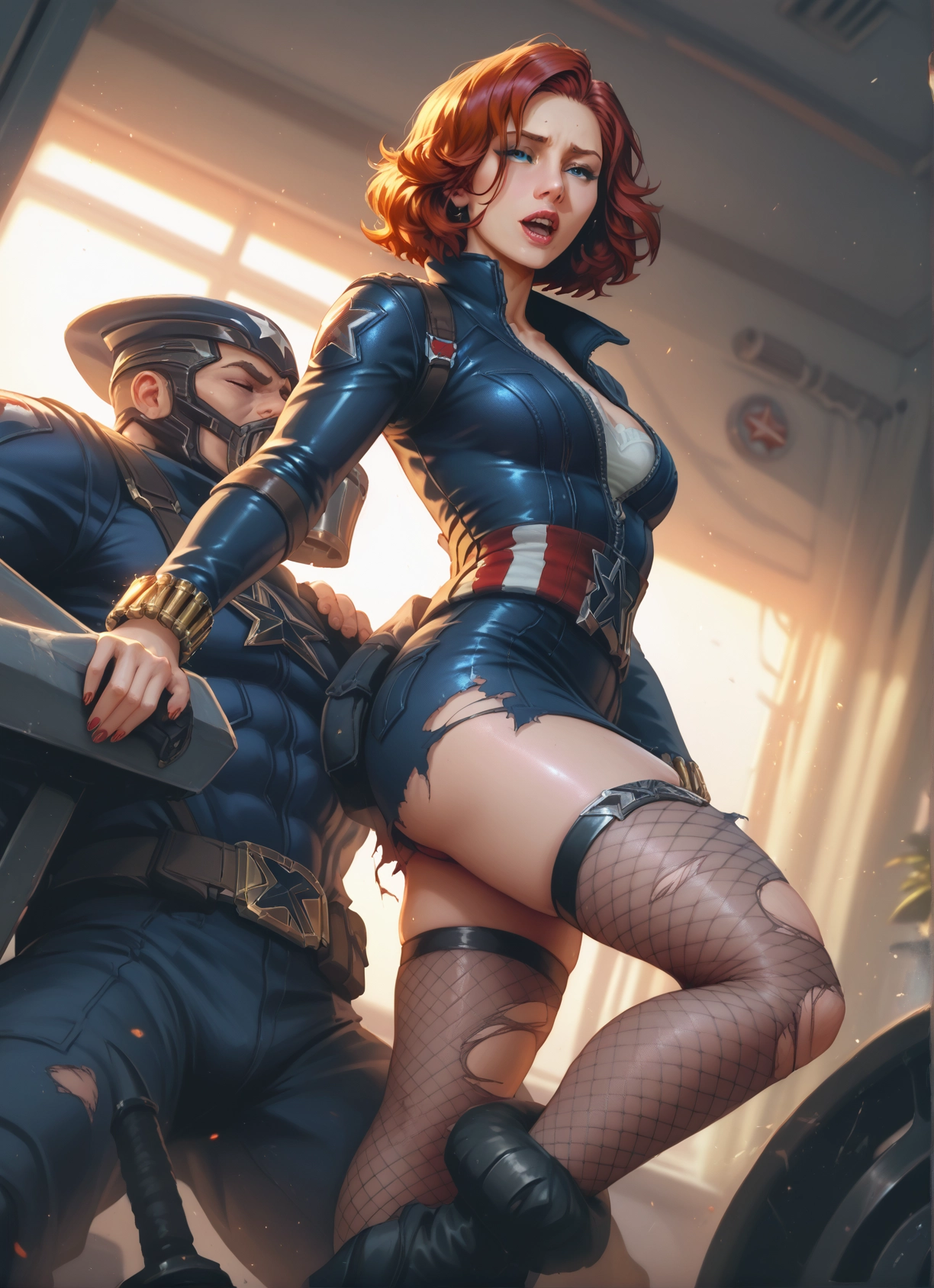 1girl, 1boy, torn clothes, thighhighs, blue eyes, torn legwear · Yamete.gg