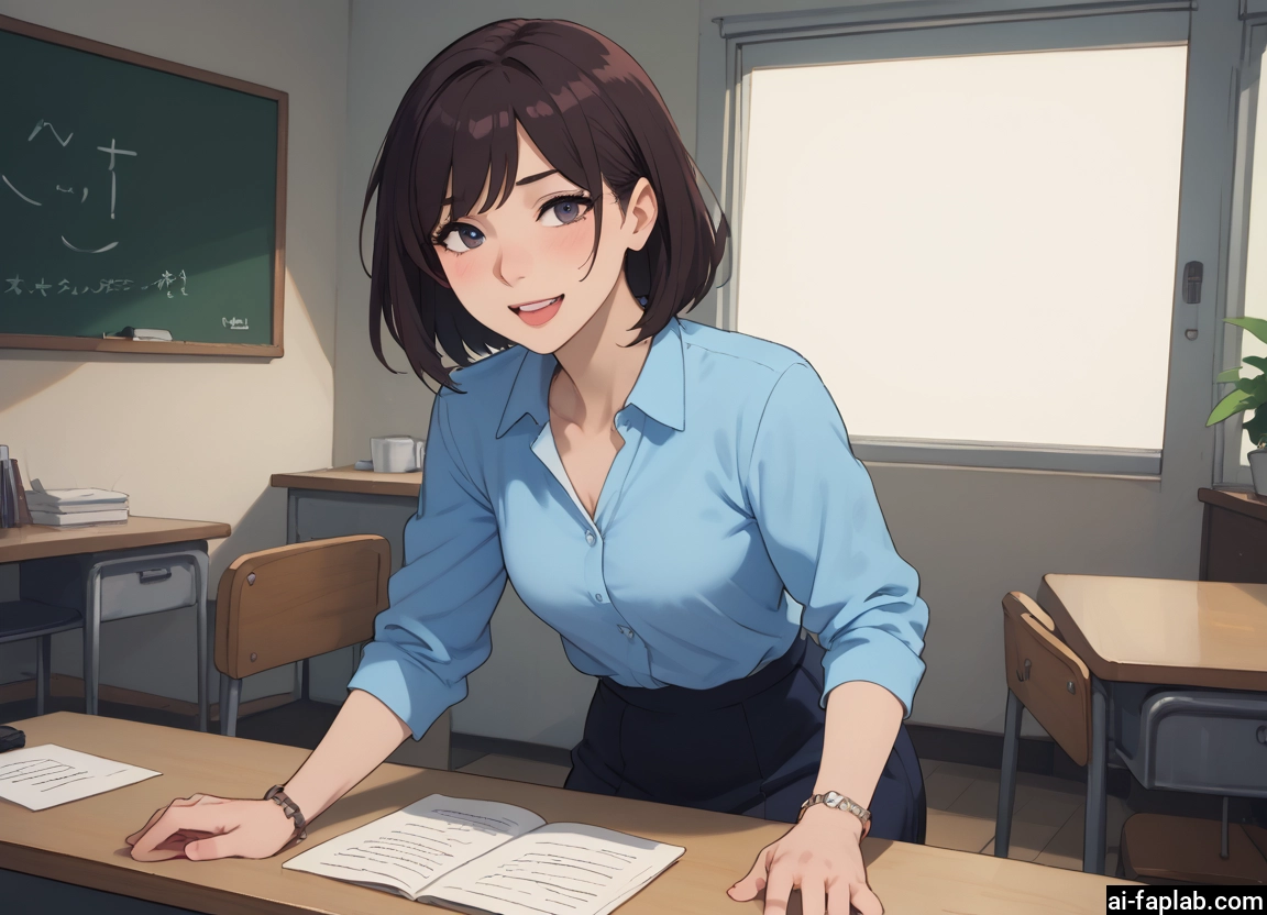 1girl, brown hair, solo, shirt, open mouth, desk