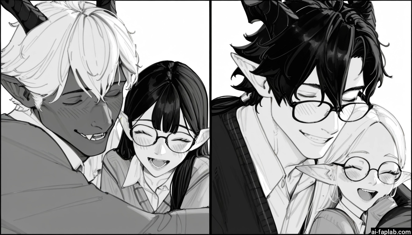 monochrome, greyscale, glasses, horns, smile, closed eyes