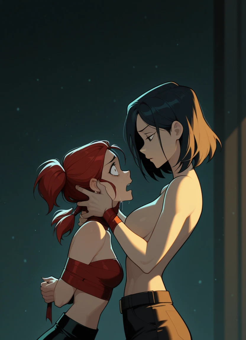 multiple girls, 2girls, breasts, black hair, red hair, topless