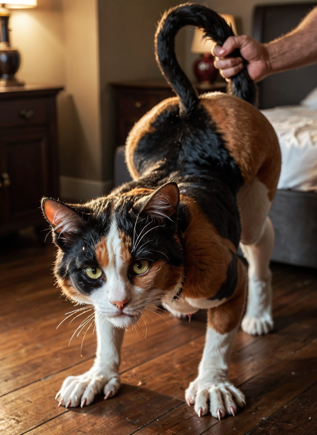 cat, no humans, indoors, animal focus, wooden floor, animal