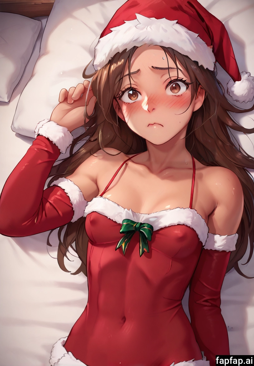 1girl, solo, hat, brown hair, blush, santa hat · Yamete.gg