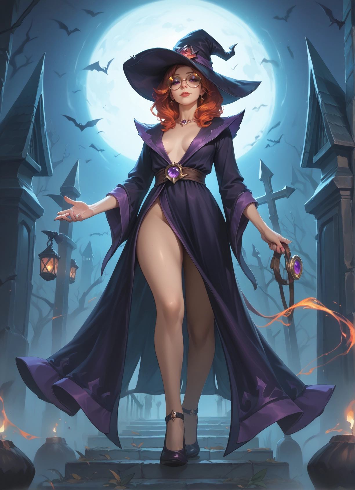 1girl, hat, witch hat, moon, breasts, solo · Yamete.gg