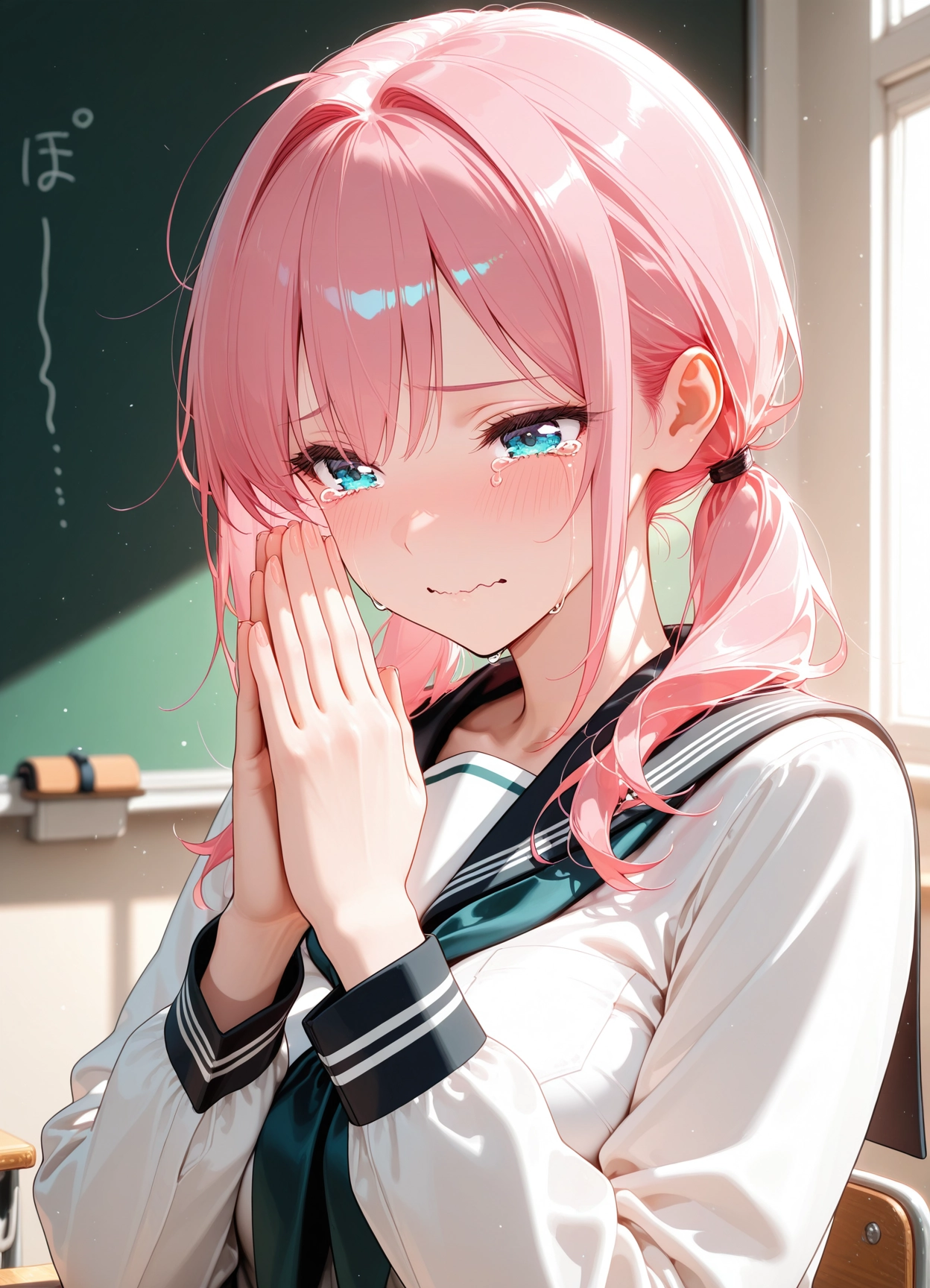 1girl, solo, pink hair, school uniform, twintails, tears · Yamete.gg