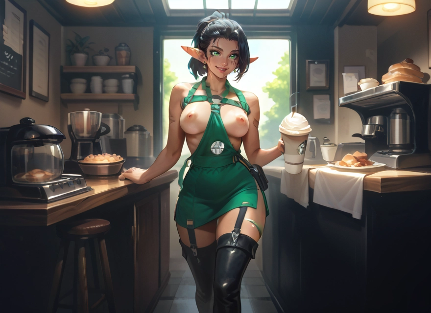 1girl, breasts, nipples, pointy ears, solo, thighhighs · Yamete.gg