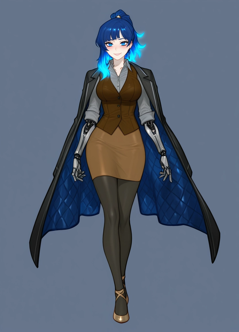 1girl, solo, blue hair, skirt, brown vest, blue eyes · Yamete.gg