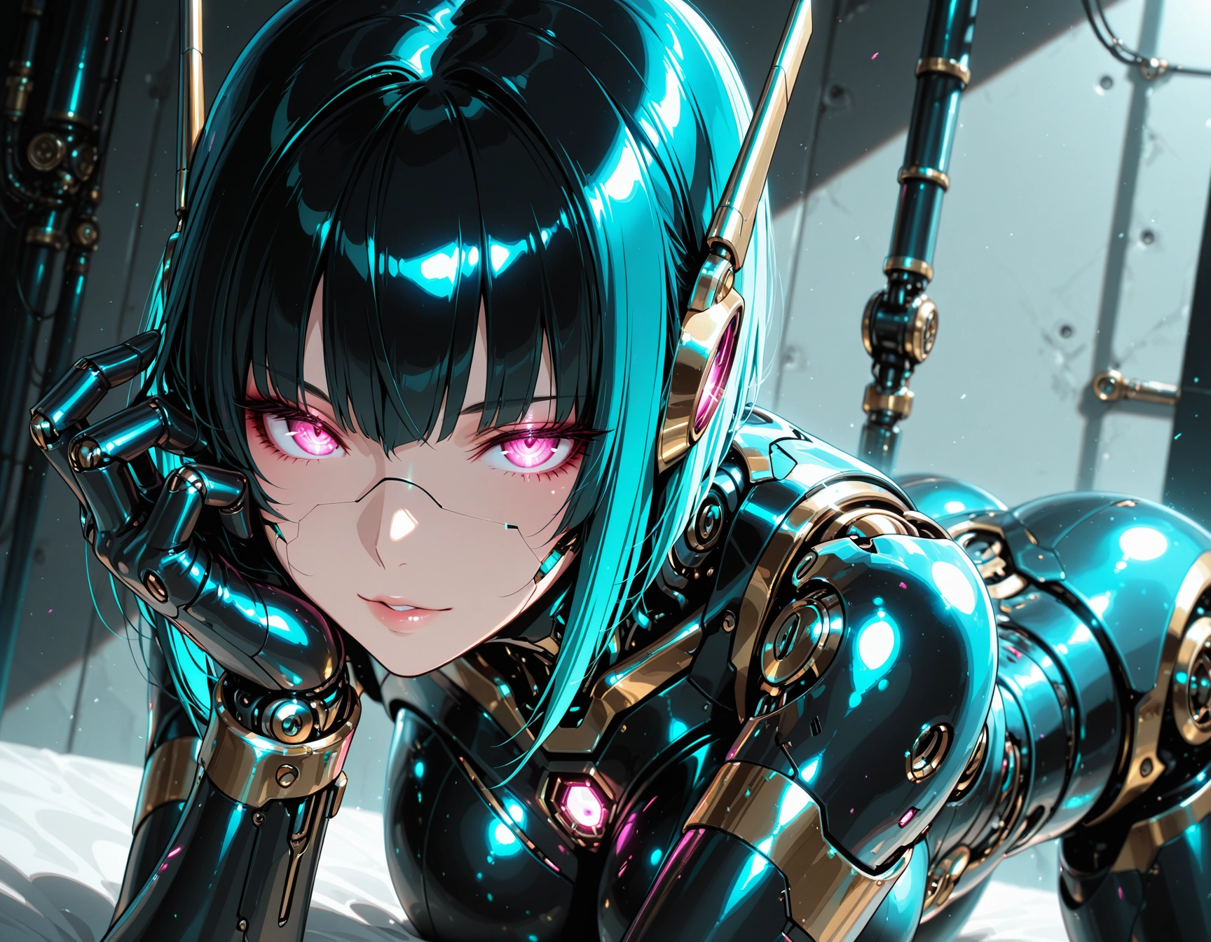 1girl, solo, looking at viewer, joints, bangs, shiny clothes · Yamete.gg
