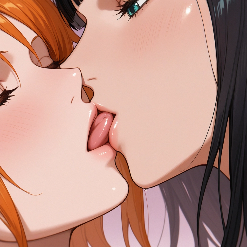 multiple girls, 2girls, yuri, black hair, kiss, tongue · Yamete.gg
