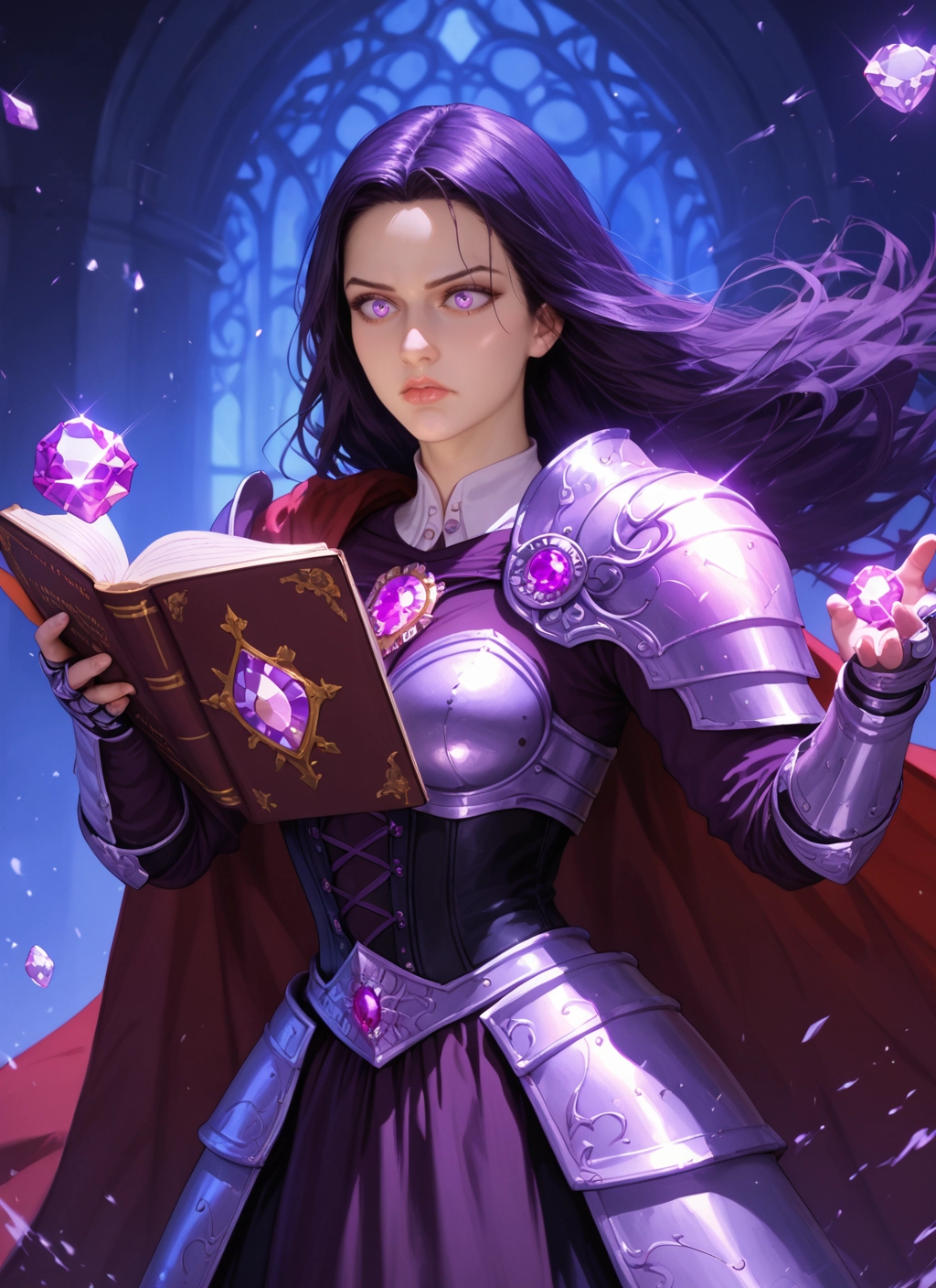 1girl, book, armor, solo, long hair, purple hair · Yamete.gg