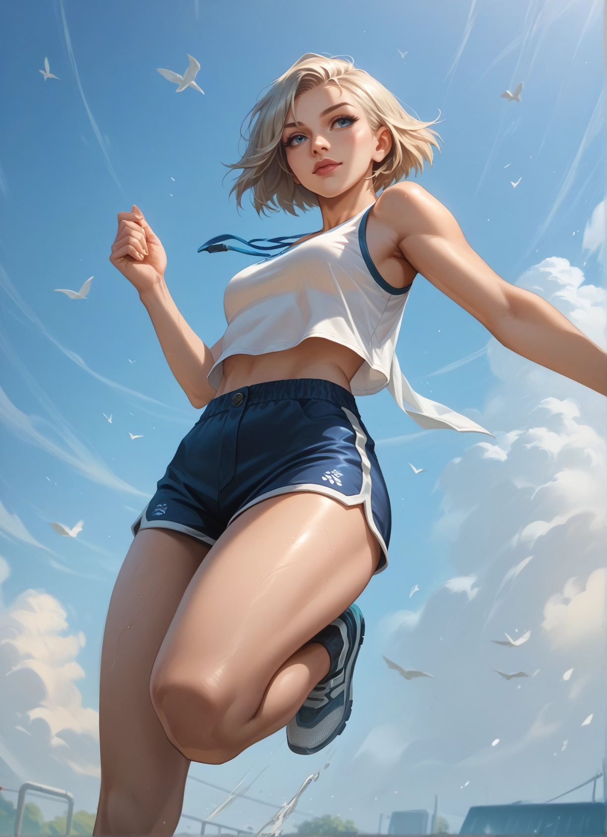 1girl, shorts, blue eyes, solo, short hair, sky · Yamete.gg