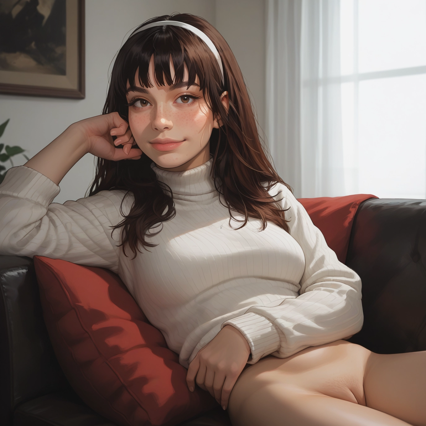 1girl, solo, brown hair, sweater, brown eyes, freckles · Yamete.gg