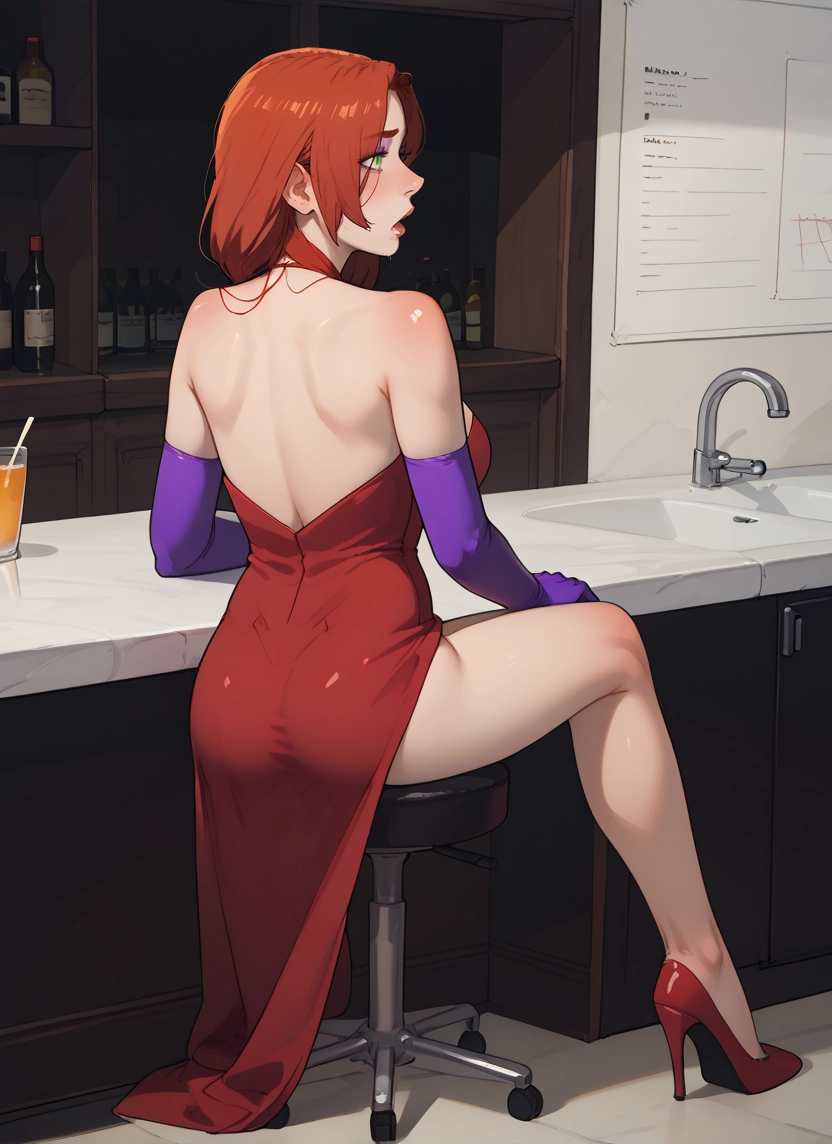 1girl, dress, green eyes, high heels, gloves, ass · Yamete.gg