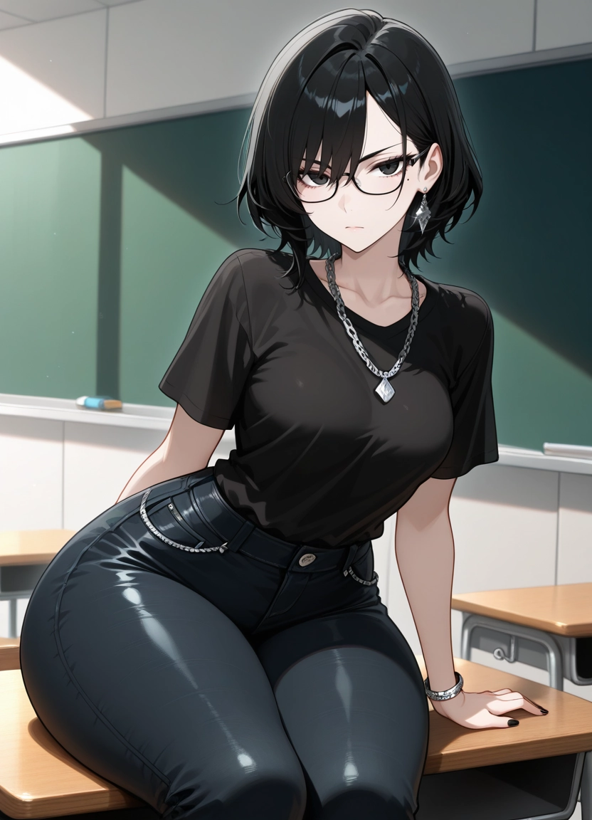 1girl, jewelry, solo, earrings, pants, mole under eye