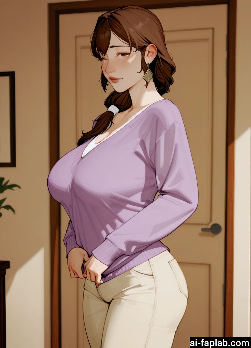1girl, breasts, brown hair, jewelry, pants, earrings · Yamete.gg