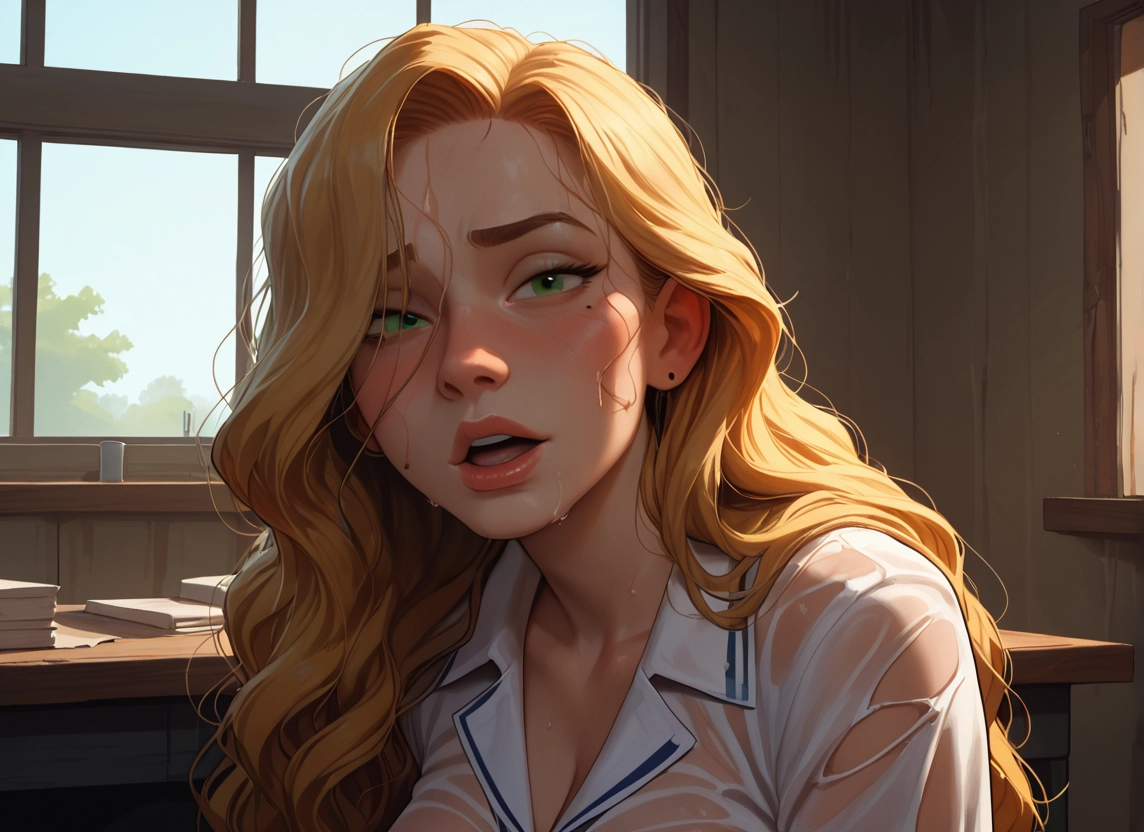 1girl, solo, green eyes, wet, blonde hair, long hair
