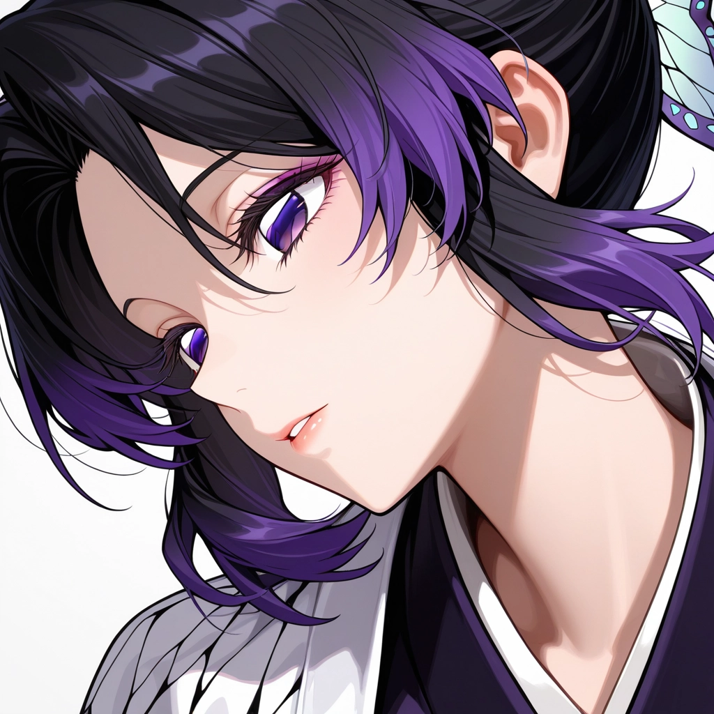 1girl, solo, purple eyes, purple hair, hair ornament, butterfly hair ornament · Yamete.gg