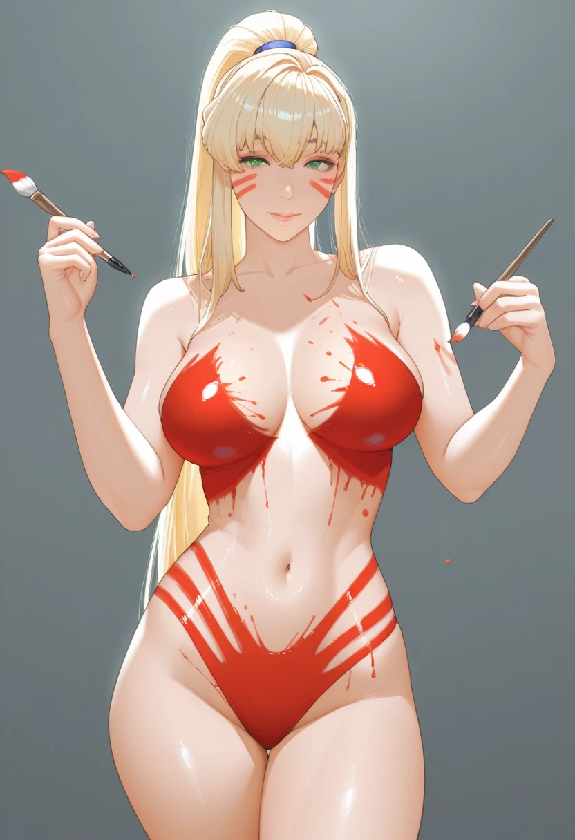1girl, breasts, bodypaint, solo, blonde hair, green eyes