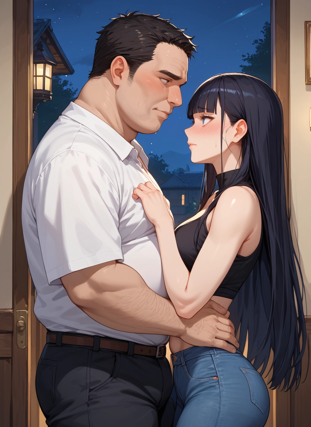 1girl, 1boy, black hair, long hair, pants, blush · Yamete.gg