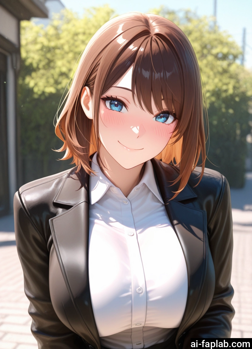 1girl, breasts, smile, brown hair, shirt, blue eyes · Yamete.gg