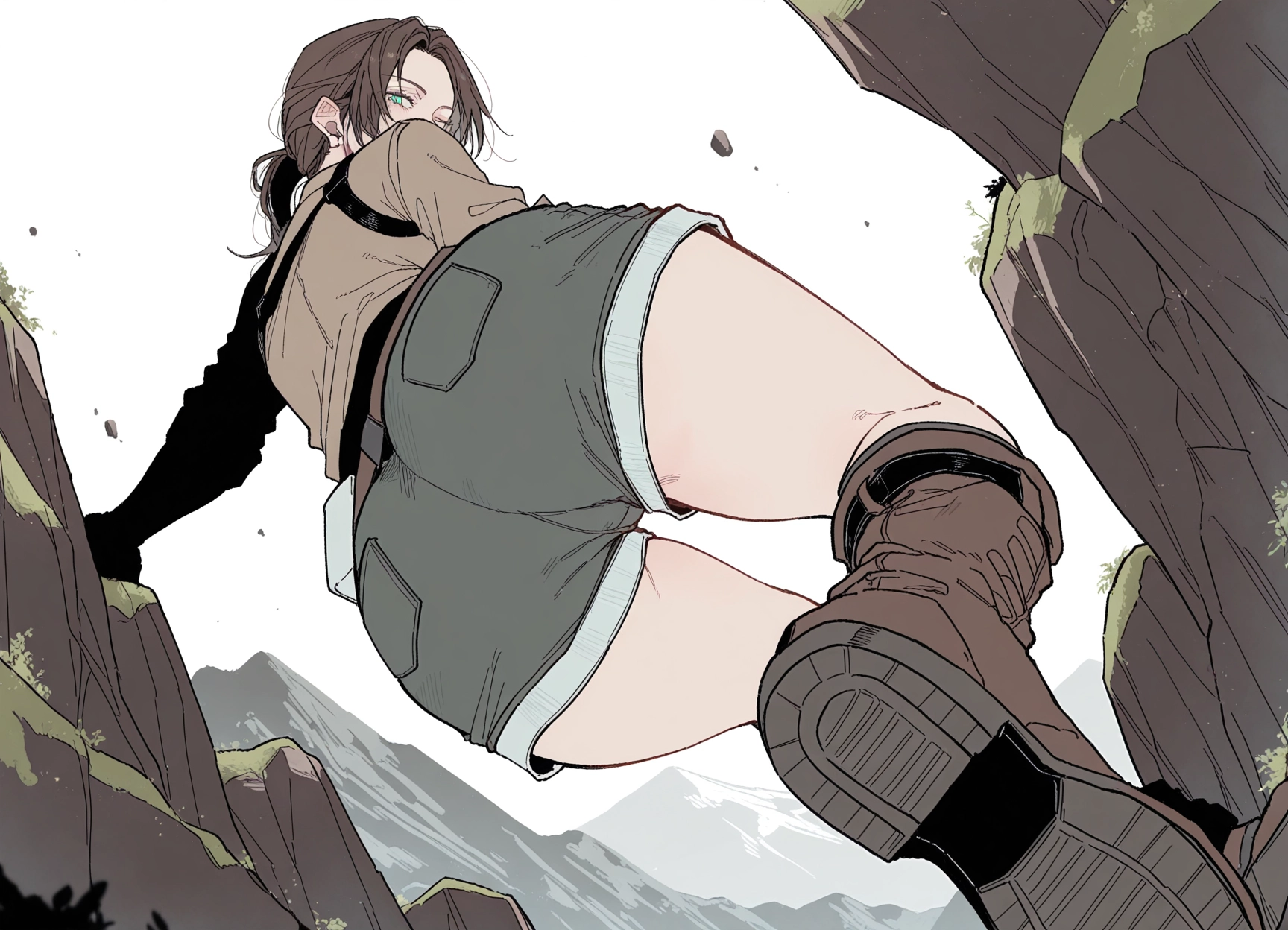 1girl, ass, shorts, boots, solo, brown hair · Yamete.gg