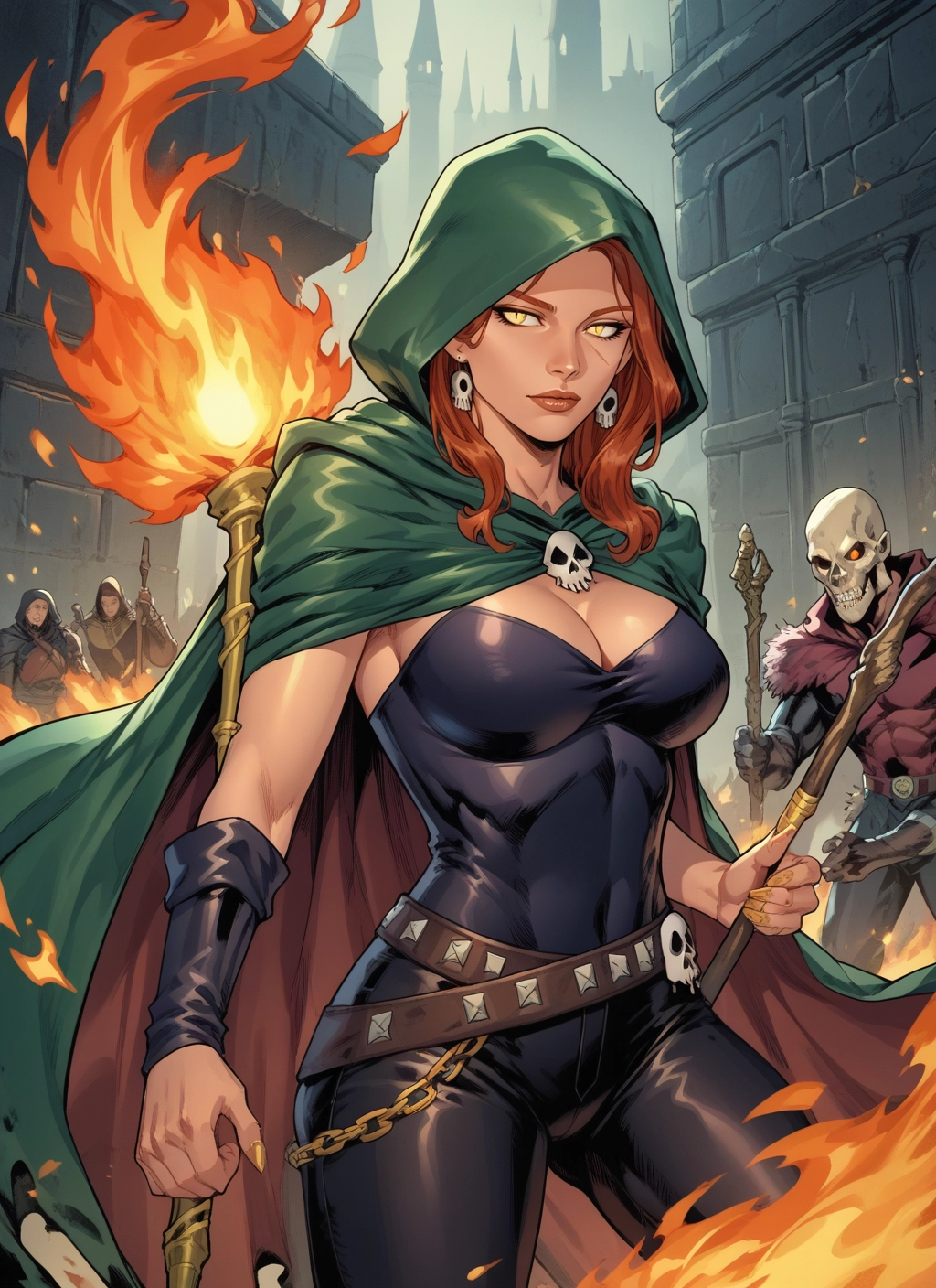 breasts, jewelry, earrings, 1girl, fire, hood · Yamete.gg