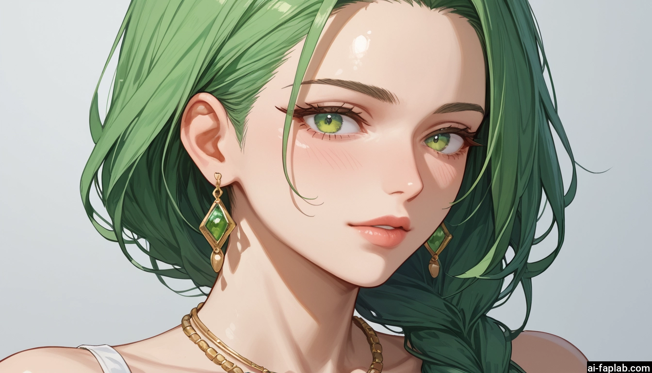 1girl, jewelry, solo, earrings, green eyes, green hair · Yamete.gg