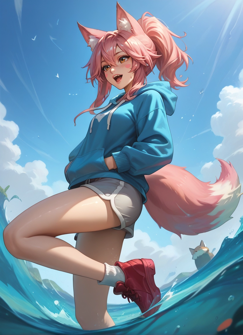 animal ears, 1girl, pink hair, tail, fox ears, fox tail · Yamete.gg
