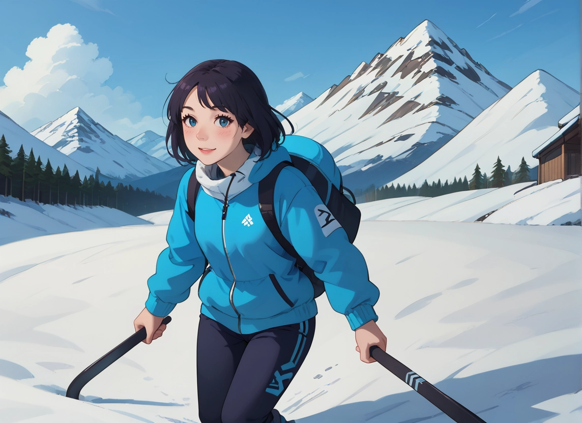 1girl, solo, blue eyes, black hair, bag, snow · Yamete.gg