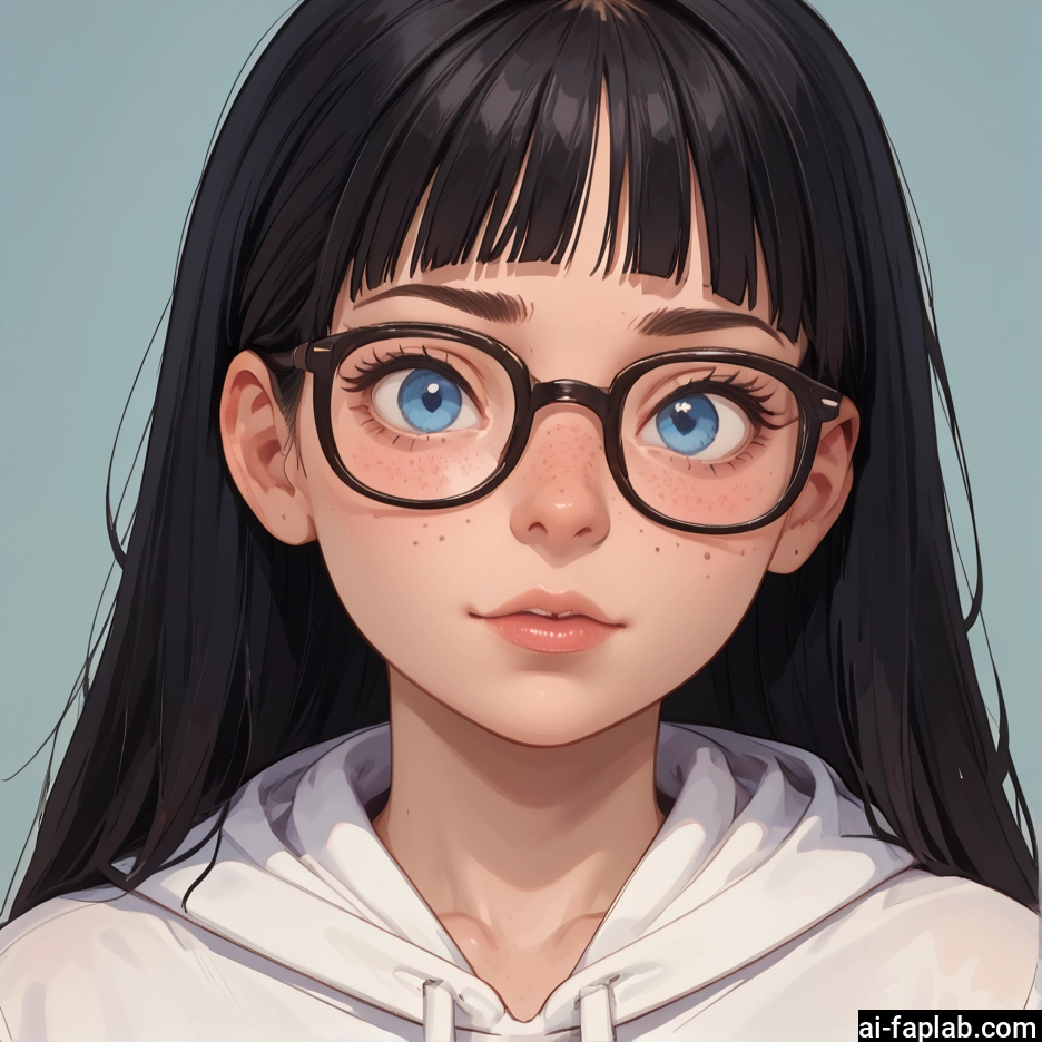 1girl, solo, glasses, blue eyes, freckles, black hair