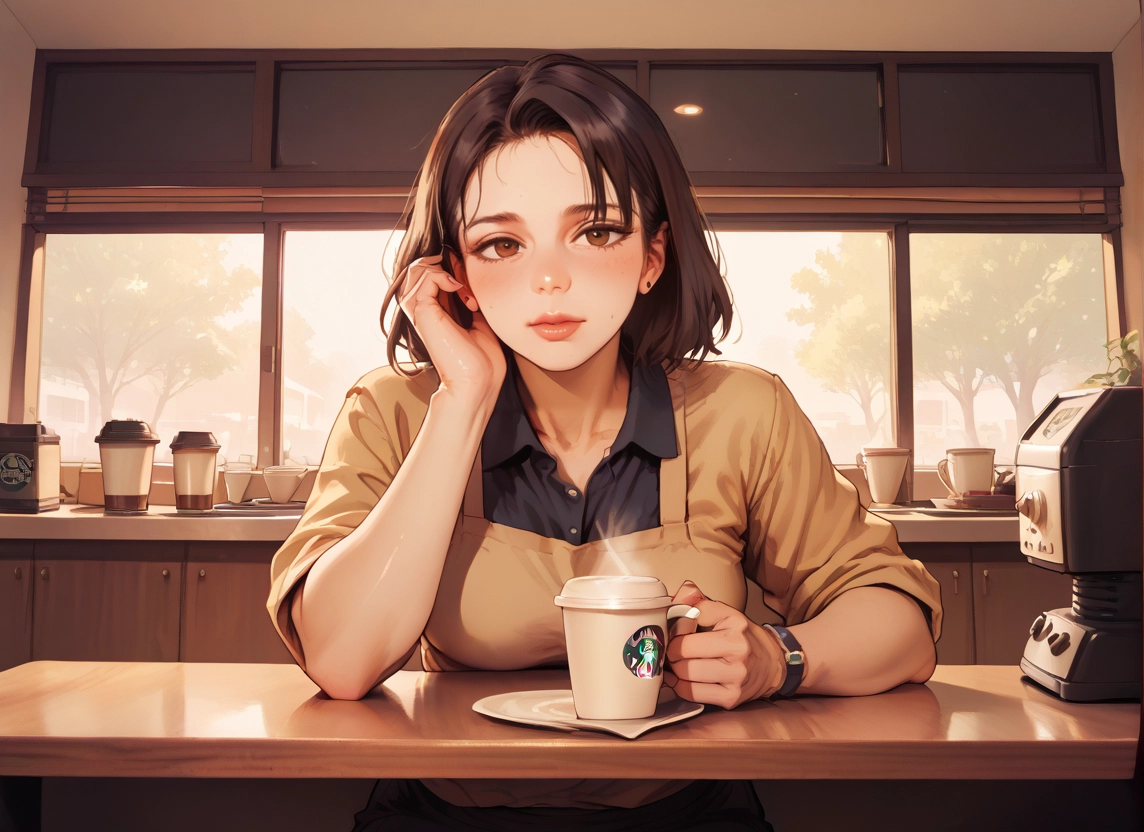 1girl, coffee, cup, solo, brown eyes, looking at viewer · Yamete.gg