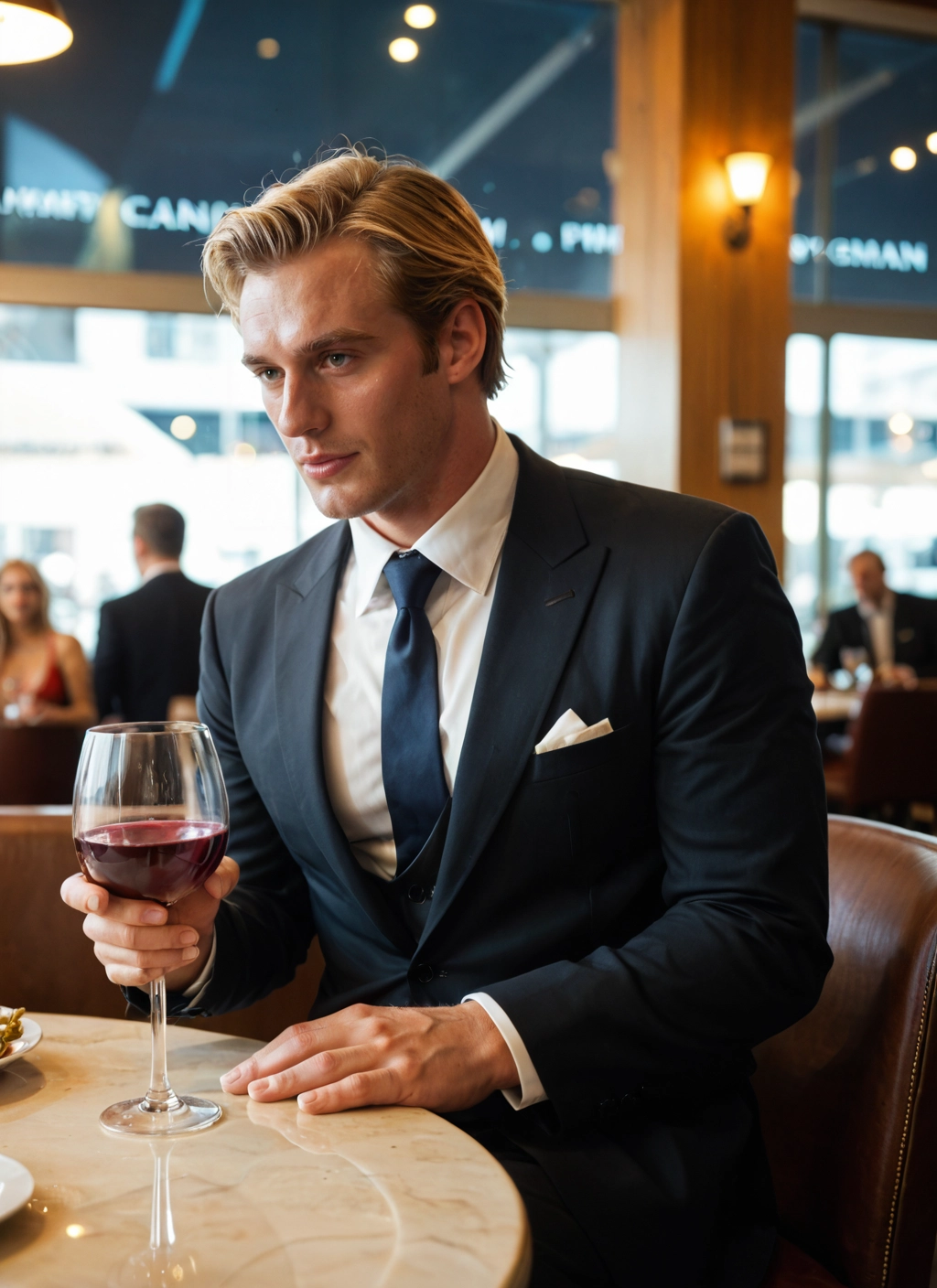 cup, drinking glass, necktie, wine glass, formal, blonde hair · Yamete.gg