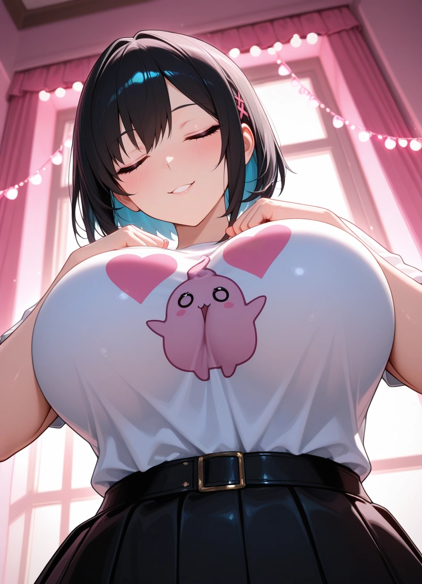 1girl, breasts, shirt, solo, hands on own chest, black hair · Yamete.gg