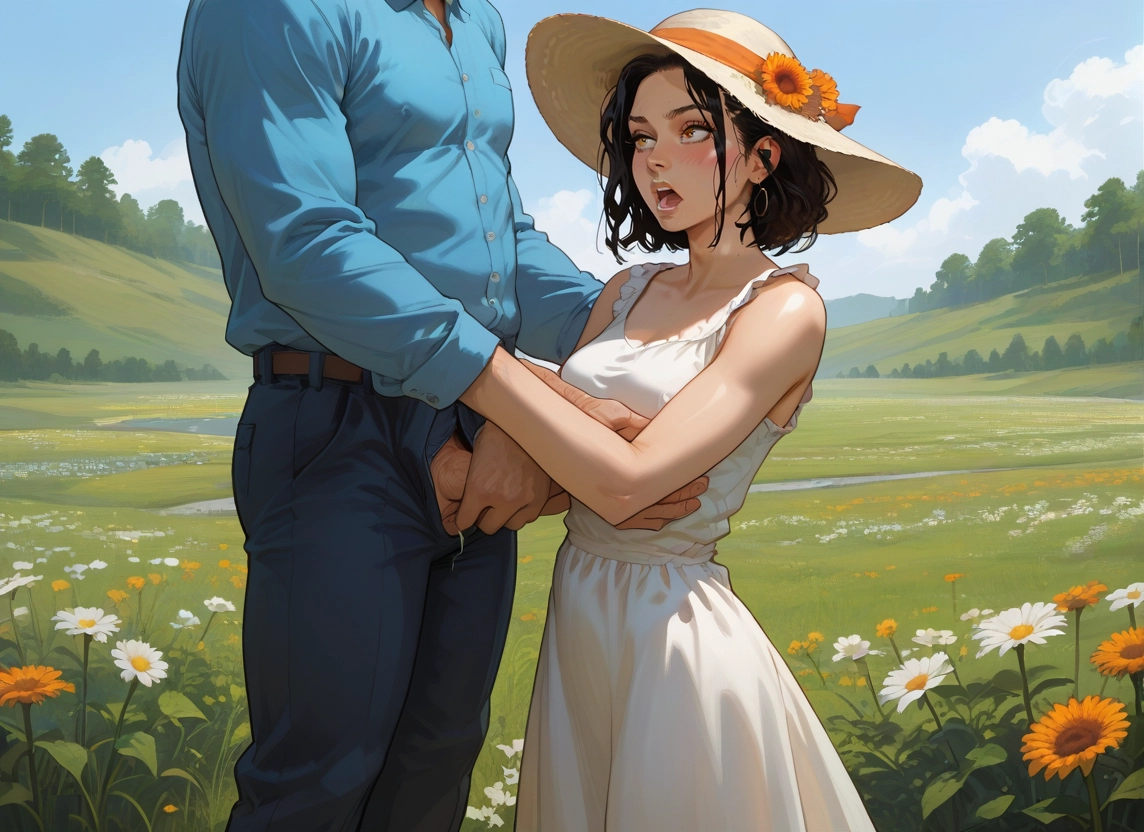 1girl, 1boy, flower, hat, dress, outdoors · Yamete.gg