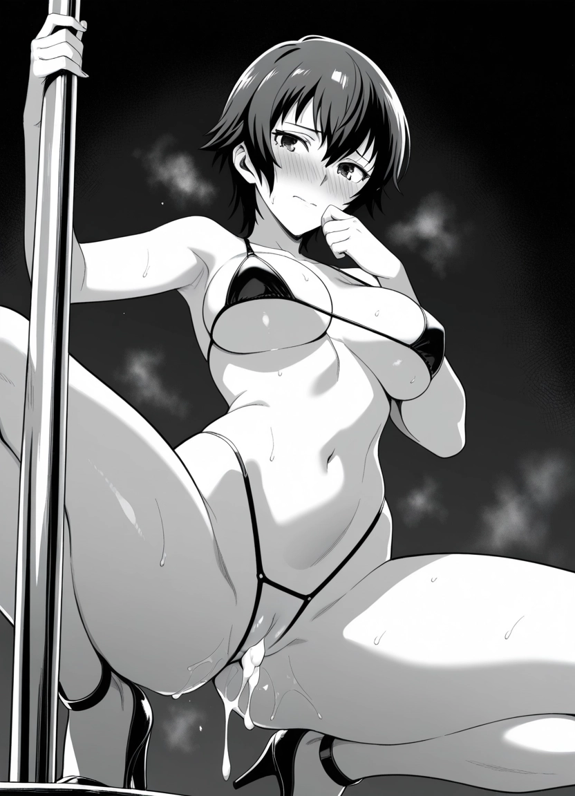 1girl, breasts, pole, monochrome, solo, short hair · Yamete.gg