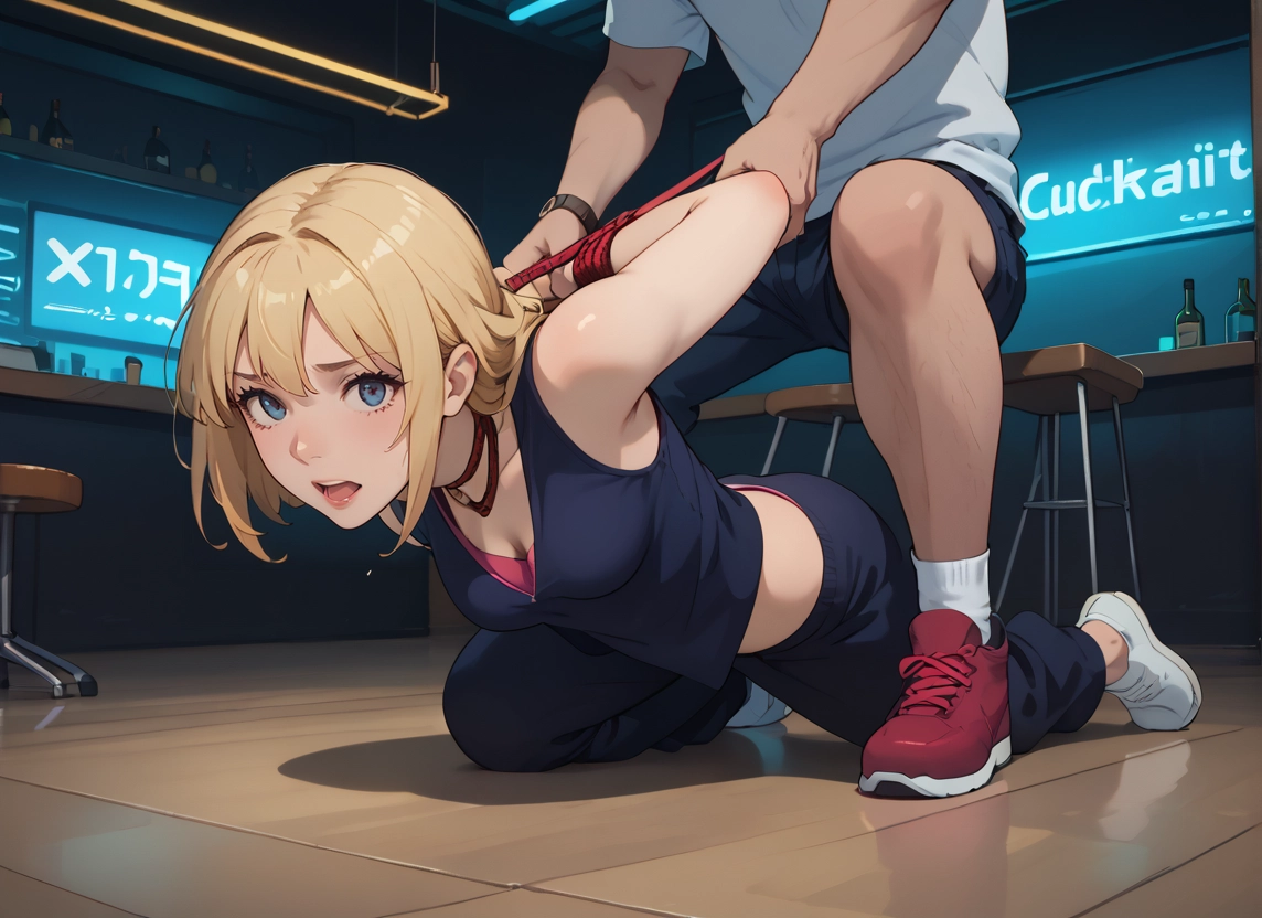 1girl, 1boy, blonde hair, blue eyes, breasts, shoes · Yamete.gg