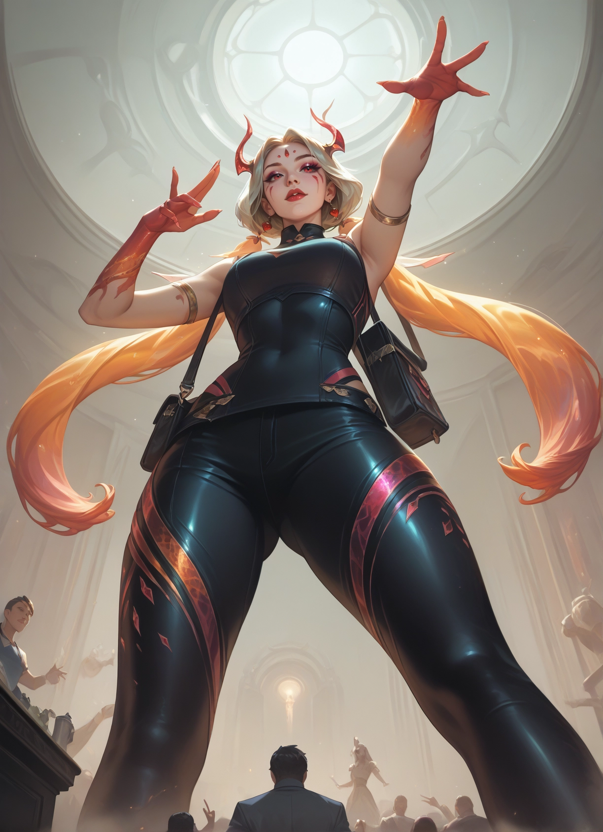 horns, twintails, from below, breasts, jewelry, earrings · Yamete.gg