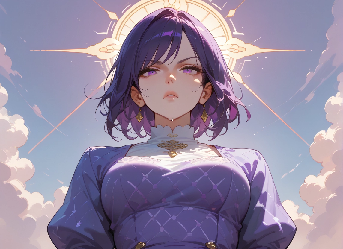 1girl, solo, jewelry, earrings, purple eyes, purple hair · Yamete.gg