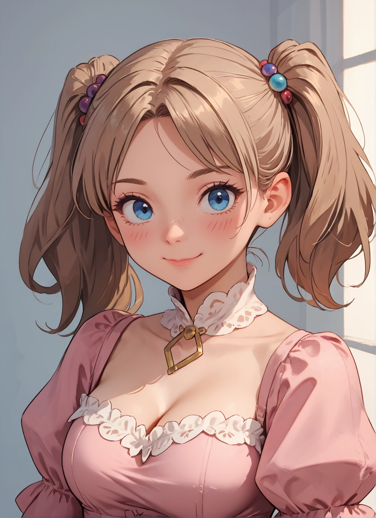 1girl, breasts, solo, blue eyes, twintails, cleavage · Yamete.gg